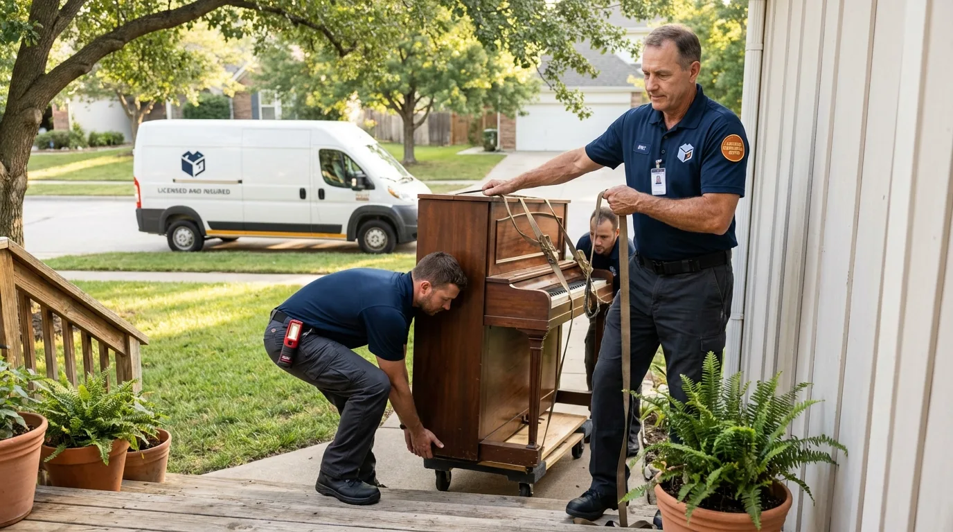 Licensed piano movers securing grand piano in Palos Park, IL