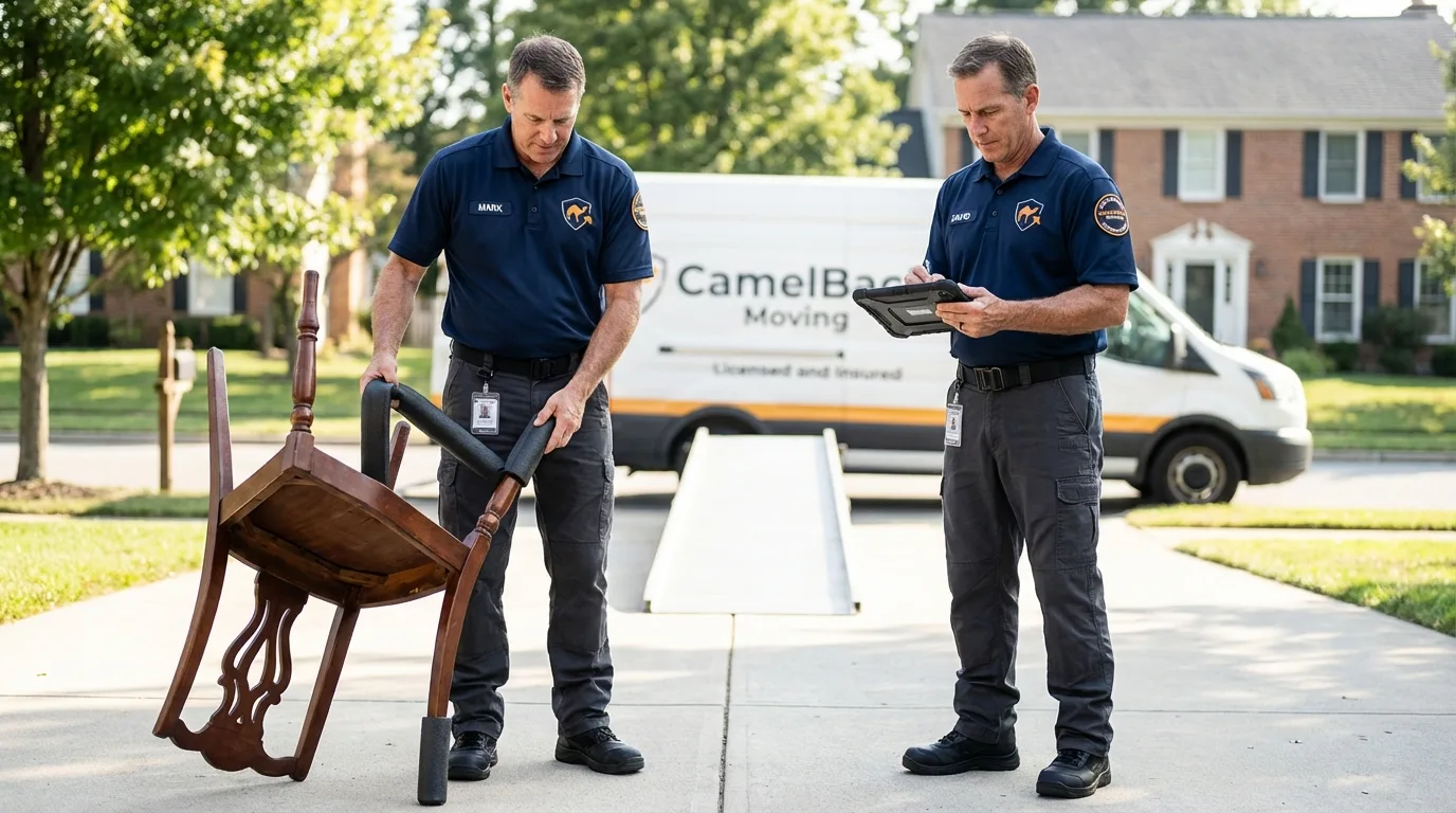 Movers inspecting furniture for damage prevention before loading in Palos Park, IL